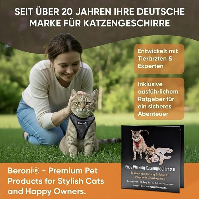 Шлейка для котів Beroni Katzengeschirr з повідцем, анти-втеча, регульована, для великих та малих котів, для балкону та саду, сіра (S)