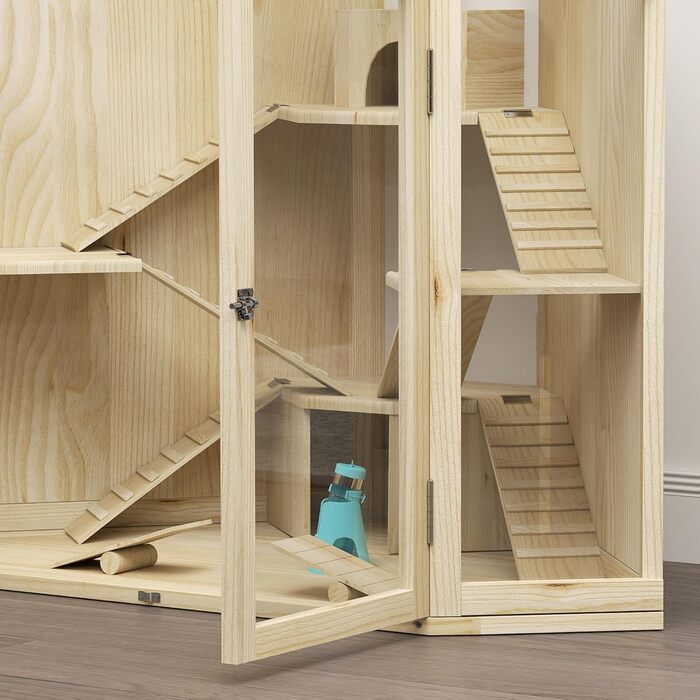 Клітка для хом'яків PawHut з дерева, 4 рівні, будиночок, гойдалка, годівниця, рампи, клітка для дрібних тварин, підходить для хом'яків та мишей, 115 x 69,5 x 79 см