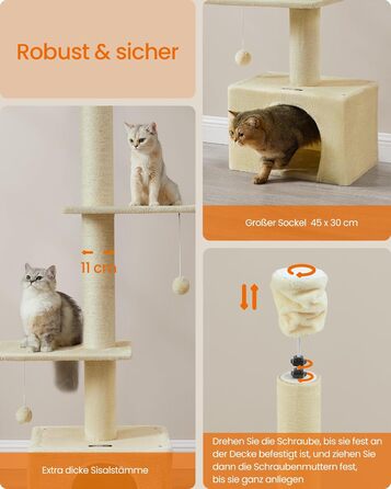 Котячий дряпак Feandrea XXL, багаторівневий, висота 231-291 см, регульований, з товстими стовпами 11 см, ігровий комплекс для котів, з домиком, лежанкою і платформою, бежевий