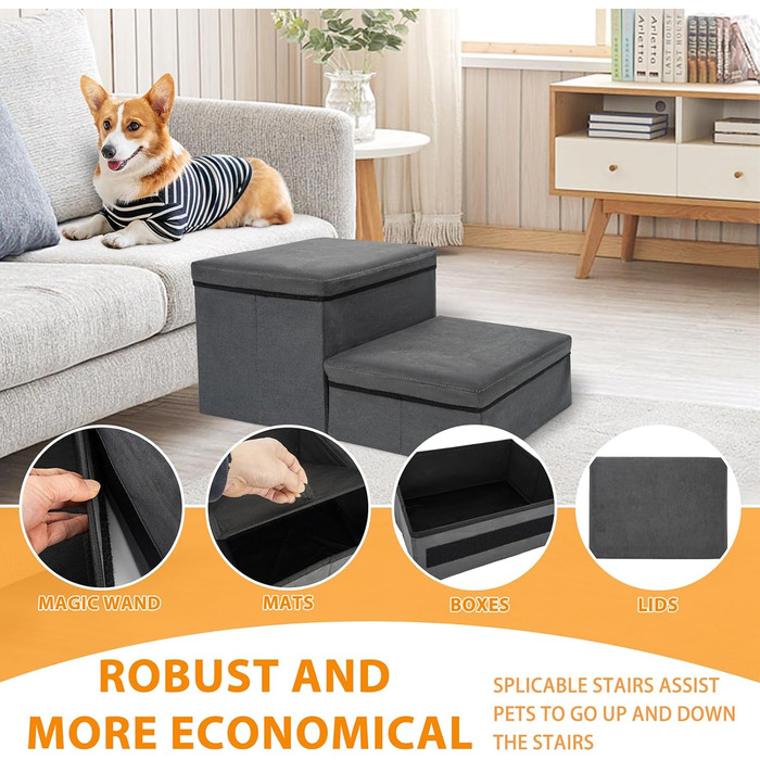 Сходинки для собак зі зберіганням, 2 сходинки, складані, широкі, антиковзні, для собак та котів, сірий, 60×40×30 см