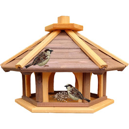 Дерев'яна годівниця для птахів шестикутна Vogel Futter Haus, садова кормова станція для диких птахів, коричнево-жовта