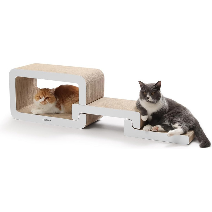 PetRhein 3-в-1 Кігтеточка для котів, велика XXL картонна кігтеточка, багатофункціональні меблі для котів з пандусом та будиночком, розтягується до 116 см, міцна завдяки стільниковій структурі, килимок для кількох котів