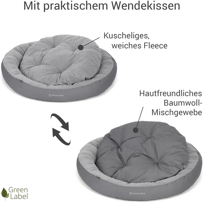 Кругле лежанка для собак великих порід Doctor Bark GreenLabel, 70x60 см, світло-сірий, з м'яким флісовим/бавовняним подушкою