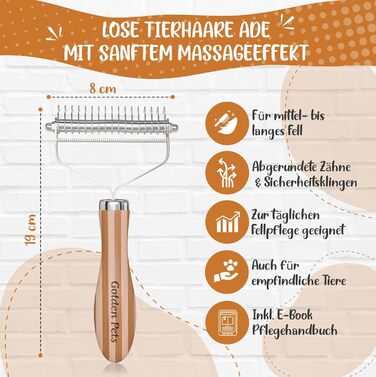 Двостороння щітка для собак та котів 2в1: щітка для підшерстка та гребінець для видалення підшерстка та ковтунів, бамбук, розмір M-L + E-book