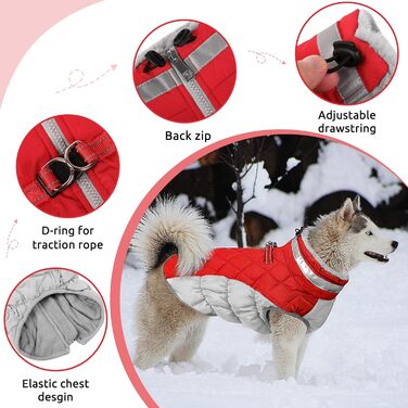 Водонепроникний зимовий теплий одяг для собак великих порід з флісовою підкладкою та світловідбиваючими елементами, червоний