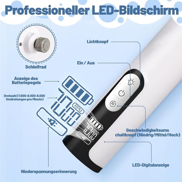 Електричний точилка для кігтів собак з 2 насадками, тример для подушечок лап з LED-підсвічуванням та 3 швидкостями, для великих, середніх та малих собак