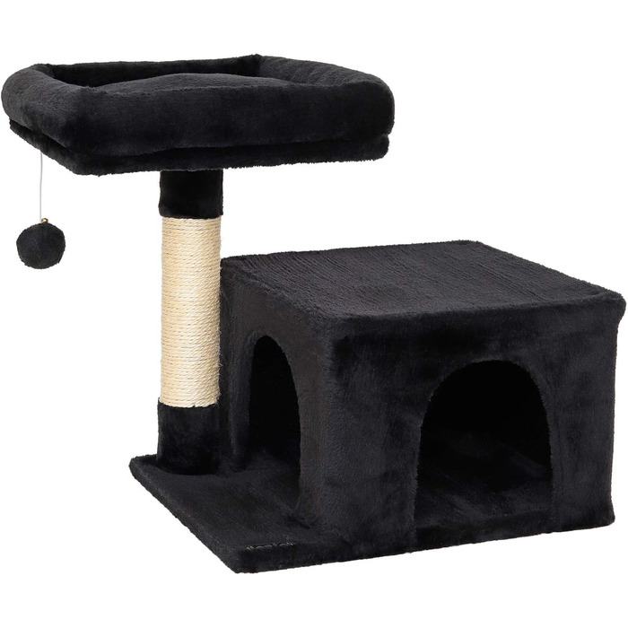 Дряпка для котів Lionto з лежаком та печерею, 50 см, з м'ячиком та дзвіночком, мотузкою з сизалю та плюшем, підходить для котів будь-якого розміру (Чорний)