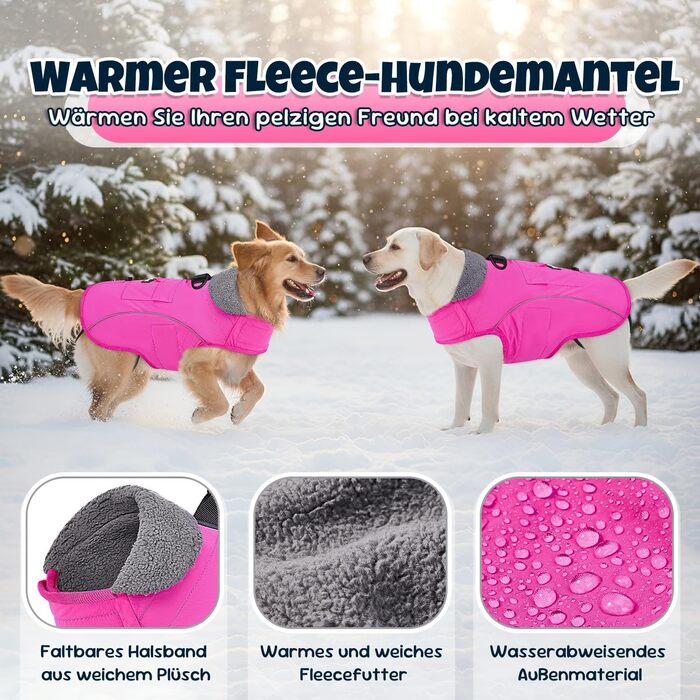 Зимова куртка для собак, водонепроникна та вітрозахисна флісова жилетка з кільцем D та кишенею, світловідбиваюча жилетка для середніх собак, для прогулянок, розмір XL, рожева