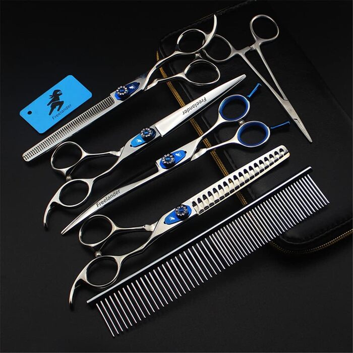 Набір професійних ножиць для грумінгу тварин, 7.0 дюймів, нержавіюча сталь 440C, для собак та котів, блакитний