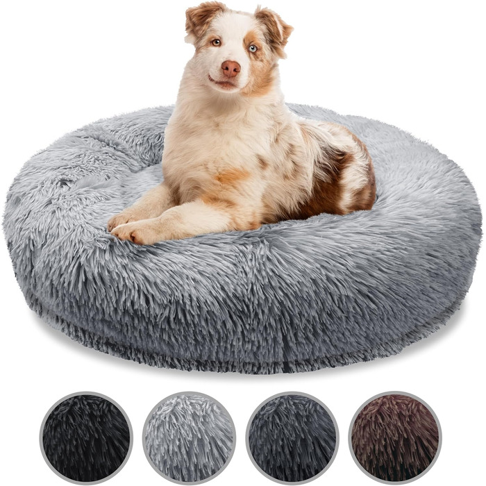 Ортопедичне ліжко для собак великих порід, 100 см, Donut, Memory Foam, м'яке, плюшеве, штучне хутро, сірий колір