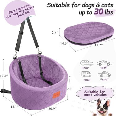 Зручний автокрісло для собак з кріпленням для безпеки, миється, з неслизьким дном (Purple, Small)