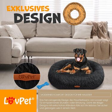 Ліжко-лежак для собак і котів Lovpet Bagel 3XL, 100 см, плюшеве, кругле, темно-синє, з мискою та 3 кісточками, м'яка подушка для малих, середніх і великих тварин, пране