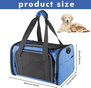 Транспортна сумка для кота та собаки: складана сумка-переноска для кота та собаки, дихаюча переноска з плечовим ременем для автомобіля, літака та подорожей, 40x25x25 см (блакитна)