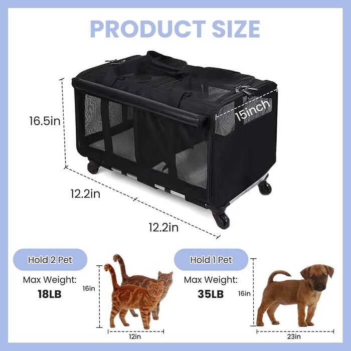 Рол-сумка для тварин з двома відділеннями, велика сумка-переноска для котів на колесах, чорна переноска для тварин до 15,9 кг, з супер вентиляцією та знімними колесами для 2 тварин