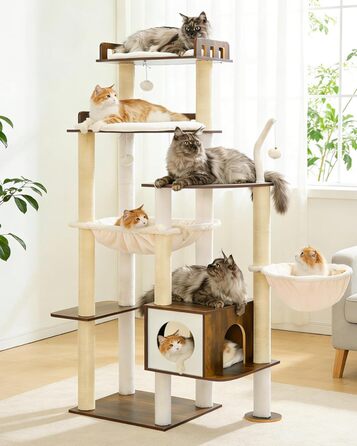 Дерев'яний котячий комплекс Heybly Kratzbaum HCT121WB (Vintage-Braun), 179 см, з будиночком, гамаком та сизалевими стовпчиками