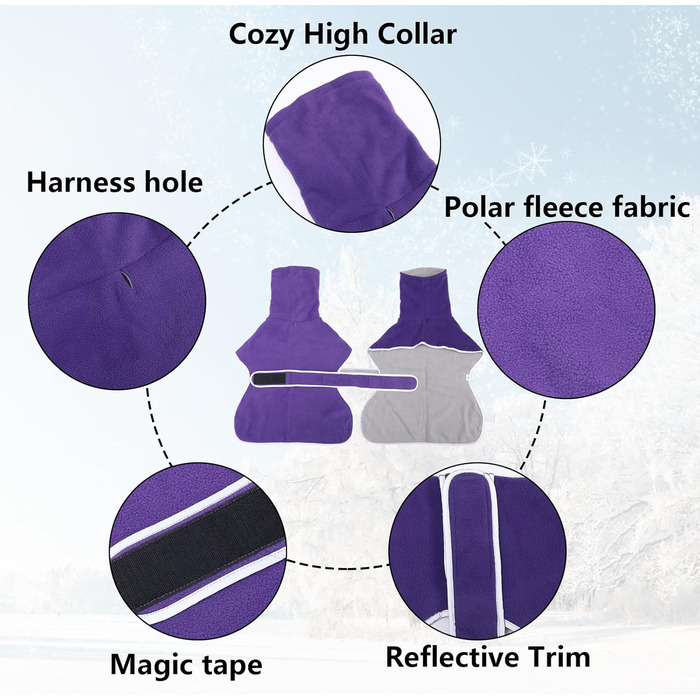 Флісовий теплий пуловер для породистих собак (Грейхаунд, Віппет, Лурчер) - тепла куртка з коміром, регульована, для зими, розмір L (довжина спини 61-64 см), колір: фіолетовий