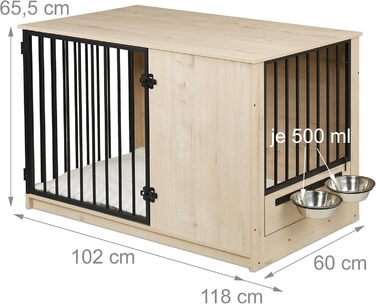Клітка для собак Relaxdays, сіра/чорна, розмір 65,5x102x60 см, з двома мисками, з дерева, MDF & сталь
