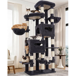 Heybly Katzenbaum 190 см, XXL Дряпка для великих котів, Стабільна висока когтеточка з великою платформою, 2 печери, гамак та міцні стовпи з сизалю, Сірий HCT062G