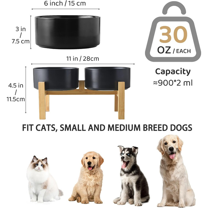 Набір керамічних годівниць для собак Welloyed - підняті миски, антиковзний бамбуковий стійкий підставник, набір мисок для їжі та води для собак маленьких та середніх порід, годівниці для домашніх тварин, годівниці з ваговою основою (15,2 см)