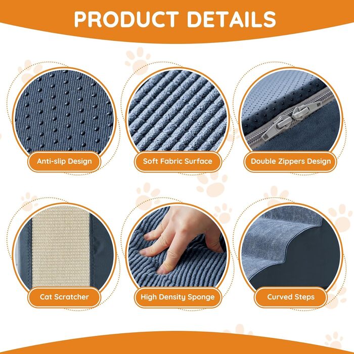 Сходинки для собак до ліжка, дивану: 4 сходинки, протиковзкі, для маленьких собак, з високощільним пінополіуретаном, портативні, (фліс, темно-синій)