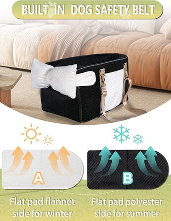 Автокрісло для собак маленьких порід, переносне автокрісло з м'яким, пральним подушками, для консолі авто, чорне (до 5,9 кг)