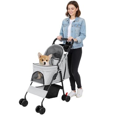Складаний візок для тварин та дітей з обертовими колесами на 360°, кошиком для зберігання, міцним металевим каркасом та дихаючими сітчастими віконцями – портативний переносник для котів та собак до 22 кг (Сірий)