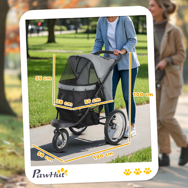 PawHut Коляска для собак Jogger Dog Buggy складна для маленьких собак і кішок до 10 кг Котяча баггі з 3 великими гумовими колесами, подушками, сіткою, вікнами, кошиком для зберігання, Котяча коляска з повідцями, Сірий | Аосом