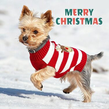 Пуловер для собак на Новий рік, теплий, м'який, осінньо-зимовий, з високим коміром, в'язаний, одяг для цуценят, милий олень, червоний, светри для собак, святковий, з короткими рукавами, (XXS (1-3 lbs), червоний/білий)