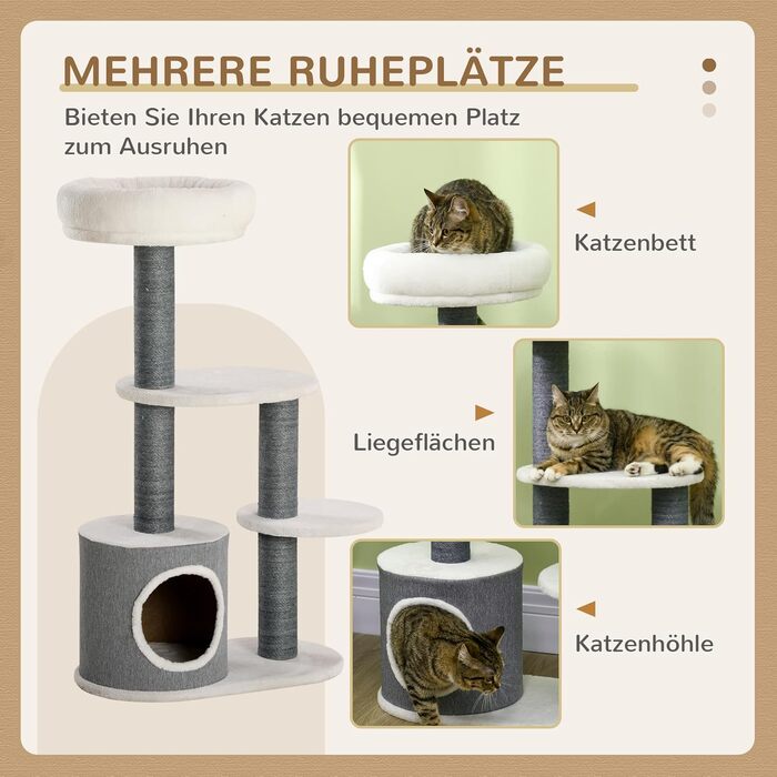 Дряпак для котів PawHut 98 см, котячий будиночок, 3 платформи, сірий+білий