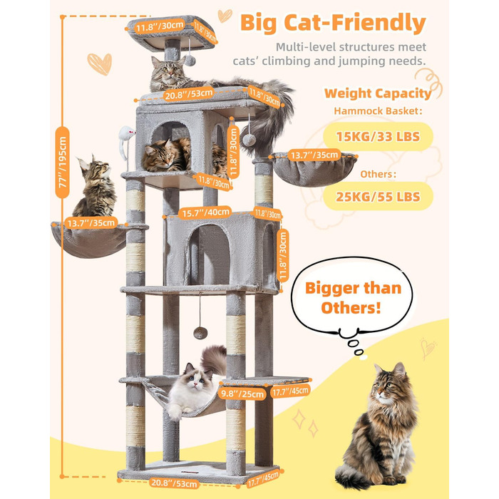 Котячий комплекс Taoqimiao MS044W, 190 см, сірий: багатоярусна котяча вежа з 2 будиночками, гамаком, 8 стовпчиками для дряпання та 2 підвісними кошиками