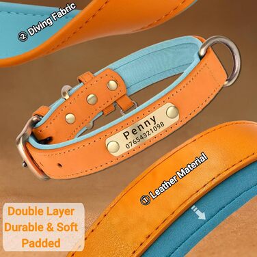 Нашийник та поводок для собак, шкіряний, персоналізований, м'який, з міцним нашийником та індивідуальною табличкою, регульований (M, верблюжий, комплект (S:Neck 23-32cm, Width 1.5cm, помаранчевий та блакитний))