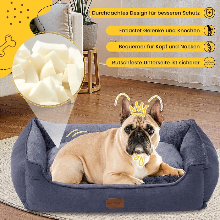 Ортопедичне ліжко для собак середніх та великих порід, 84x66x19 см, супер м'яке та затишне, кошик для собак з високим бортиком, знімний та пральний чохол, неслизьке, темно-сірий, для дому та автомобіля, XL