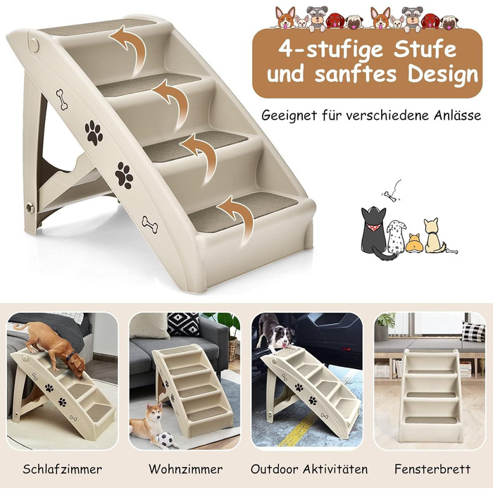 Сходинки для тварин GYMAX: 4 сходинки, складна конструкція, пластик, антиковзкі підкладки, килимки, для котів та собак (Бежевий)