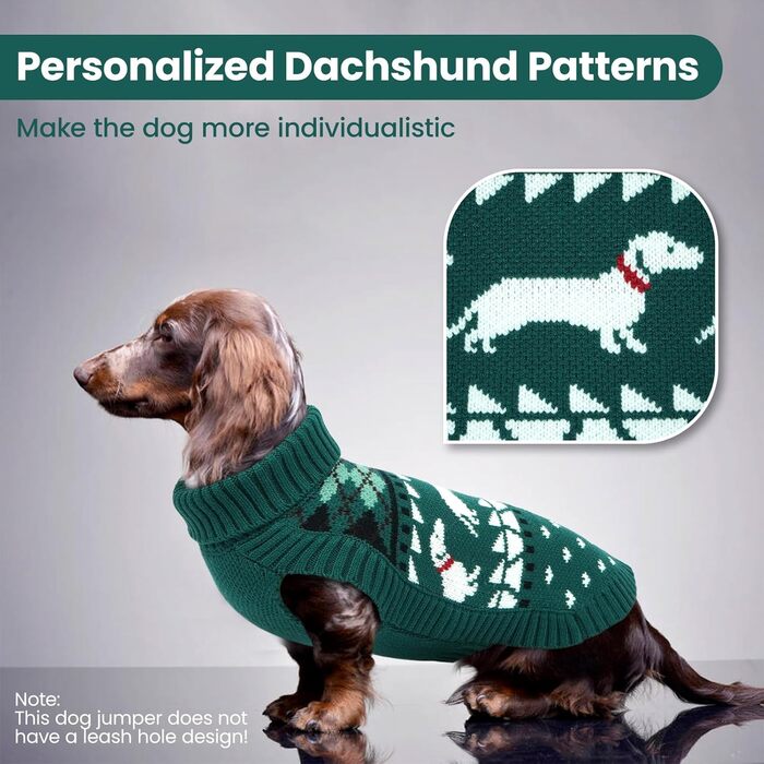 Пуловер для собак Лелепет для такс, в'язаний пуловер з малюнком такси, теплий пуловер з високим коміром, зимовий пуловер для великих собак, зелений XL
