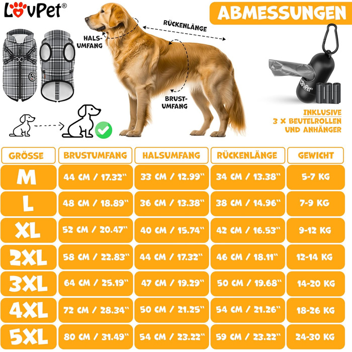 LOVPET® Куртка для собак, тепла зимова жилетка для собак з повним захистом, включає 45 штук пакетів для екскрементів + диспенсер, водонепроникна, з м'якою підкладкою та світловідбиваючими елементами (5XL, Сірий)