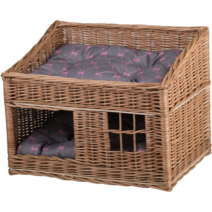 Двоярусна котяча хатинка з ротангу сірого кольору з подушкою та вікном | e-wicker24