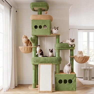Heybly Kratzbaum HCT060MJ: Великий когтеточка для котів 184 см, 3 рівня, 2 печери, 2 кошики, сизаль, для декількох котів (Зелено-Жовтий)