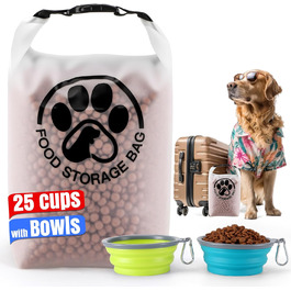 Контейнер для корму для тварин на 25 порцій з 2 складеними мисками для подорожей – прозорий, з водонепроникним закриттям, зберігає сухий корм свіжим для кемпінгу