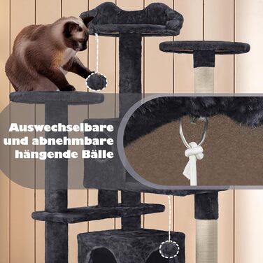 Кігтеточка-кімнатний комплекс Yaheetech 139 см, чорний, з 3 платформами, 3 стовпчиками, 2 хованками та іграшками