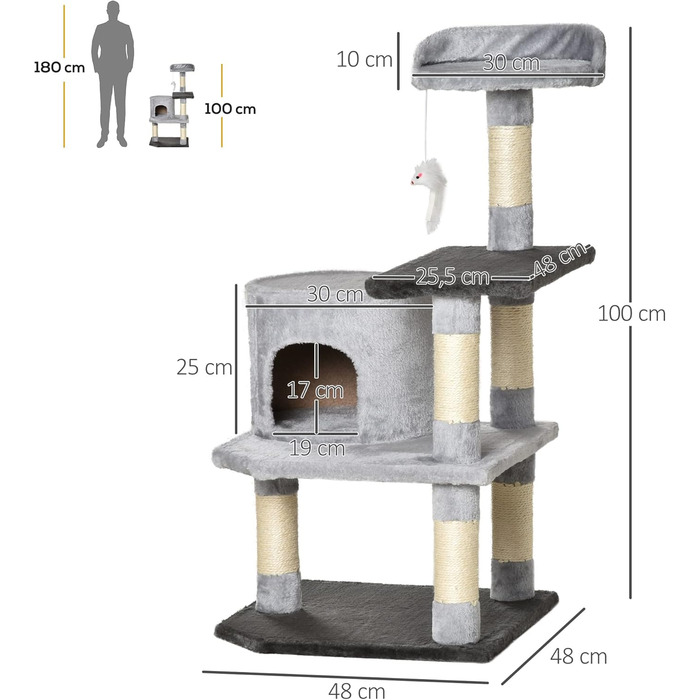 Кігтеточка PawHut для котів - велика кігтеточка-вежа 48x48x100 см з платформами, будиночком та сірим плюшем