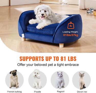 Крісло-лежанка для домашніх тварин VEVOR, лежанка для собак та котів середнього розміру, м'яка велюрова лежанка для собак, крісло для котів, що витримує до 37 кг, лежанка для домашніх тварин, темно-синій колір, розмір L (71 x 51 x 11 см)