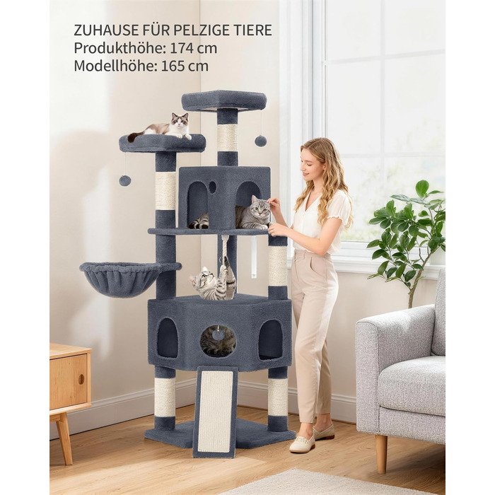 Кігтеточка для котів Hzuaneri, 174 см, XL, 2 платформи, 2 печери, 4 стовпчики, дошка для заточування кігтів, мотузка з сизалю, плюшеві кульки, для багатокотових сімей, MS17418LG (Темно-сірий)