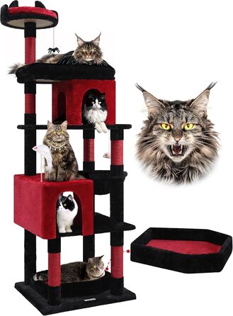 Дім-дерево для котів Globlazer Gotisch XXL: міцний, чорно-червоний, 183 см, з гамаком, будиночком, платформами, корзиною. Підходить для великих порід (Maine Coon, BKH)