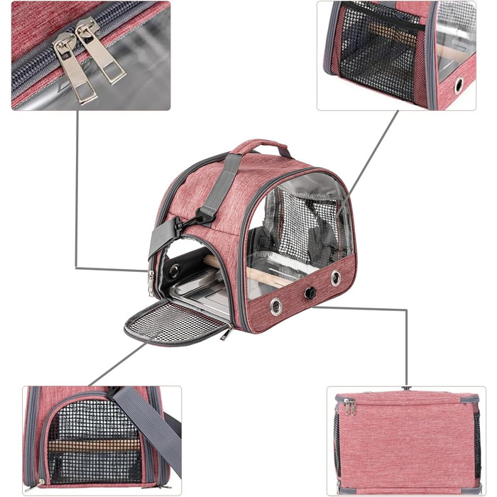 Транспортна сумка для папуг: рюкзак-переноска з підставкою та підносом з нержавіючої сталі, для малих птахів (рожевий)