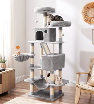 Скребниця для котів Feandrea, сіра, 161-220 см, 5 рівнів, сизаль