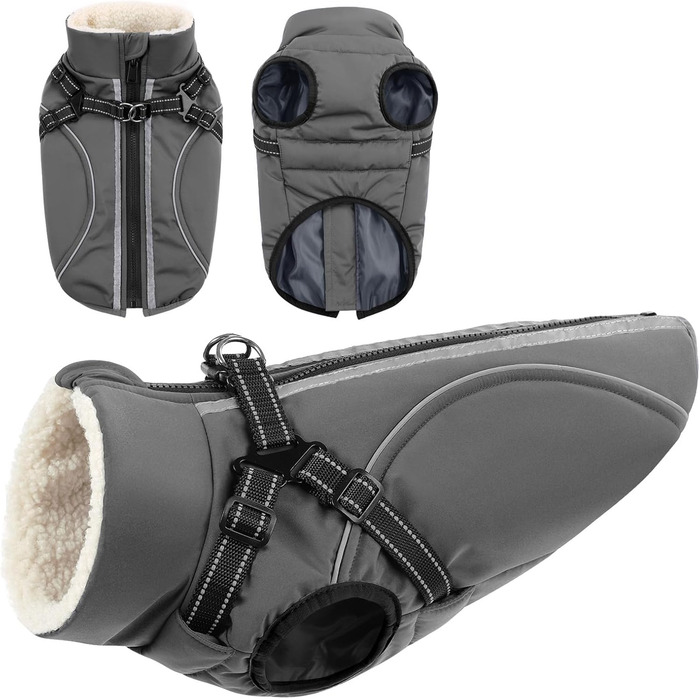 Теплий зимовий одяг для собак Citétoile: куртка з блискавкою, вітрозахисна, з відбиваючими смугами та нагрудником. Підходить для собак маленьких, середніх та великих порід. Сірий колір, розмір S.