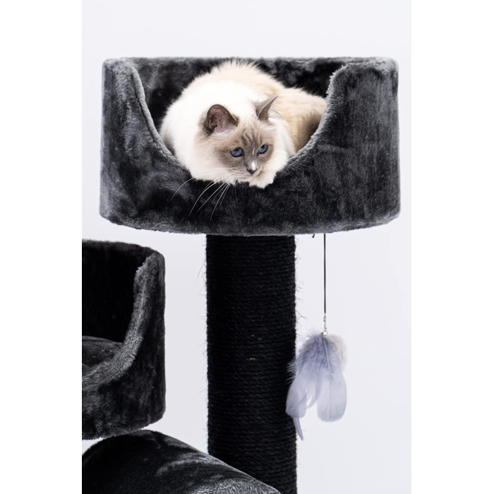 Дряпка для котів Petrebels Victoria 125 см, преміум, чорна, з лежанкою, ігровою трубою, будиночком і товстими стовпами Ø12 см