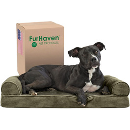 Ліжко для собаки Furhaven середнє з ортопедичним матрацом Memory Foam, штучне хутро і велюр, диван-стиль, знімний та праний чохол, темно-зелений