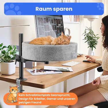 BSWAY ліжко для кота на стіл - без свердління, 360° обертання, регульована висота. Підвищене котяче ліжко над столом. Тримає кошеня/кота близько, робочий простір чистий. Ліжко для кота на стіл (Сірий, XL). Сірий XL