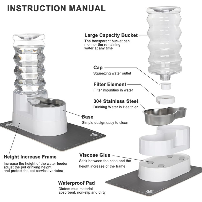 Автоматичний поїльник для тварин Sfozstra, 8 л, нержавіюча сталь, з водонепроникним підкладкою, для котів та собак